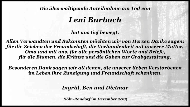  Traueranzeige für Leni Burbach vom 19.12.2015 aus Kölner Stadt-Anzeiger / Kölnische Rundschau / Express