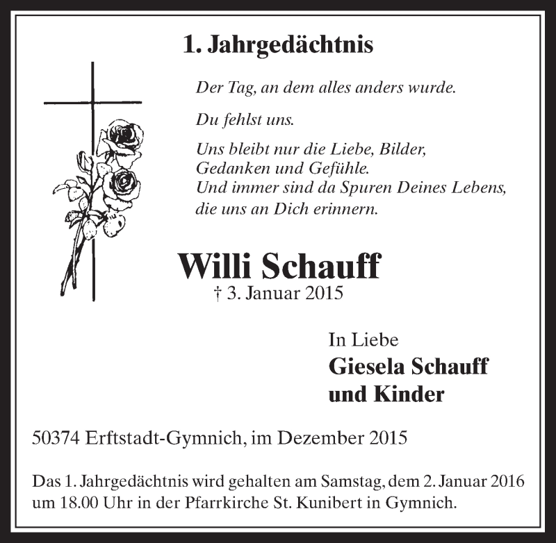  Traueranzeige für Willi Schauff vom 30.12.2015 aus  Werbepost 