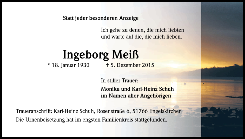  Traueranzeige für Ingeborg Meiß vom 19.12.2015 aus Kölner Stadt-Anzeiger / Kölnische Rundschau / Express
