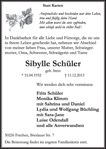 Anzeige von Sibylle Schüler von  Sonntags-Post 