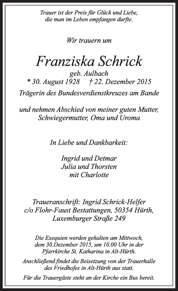  Traueranzeige für Franziska Schrick vom 28.12.2015 aus  Sonntags-Post 