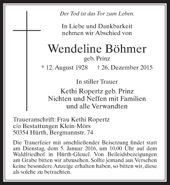 Anzeige von Wendeline Böhmer von  Wochenende 