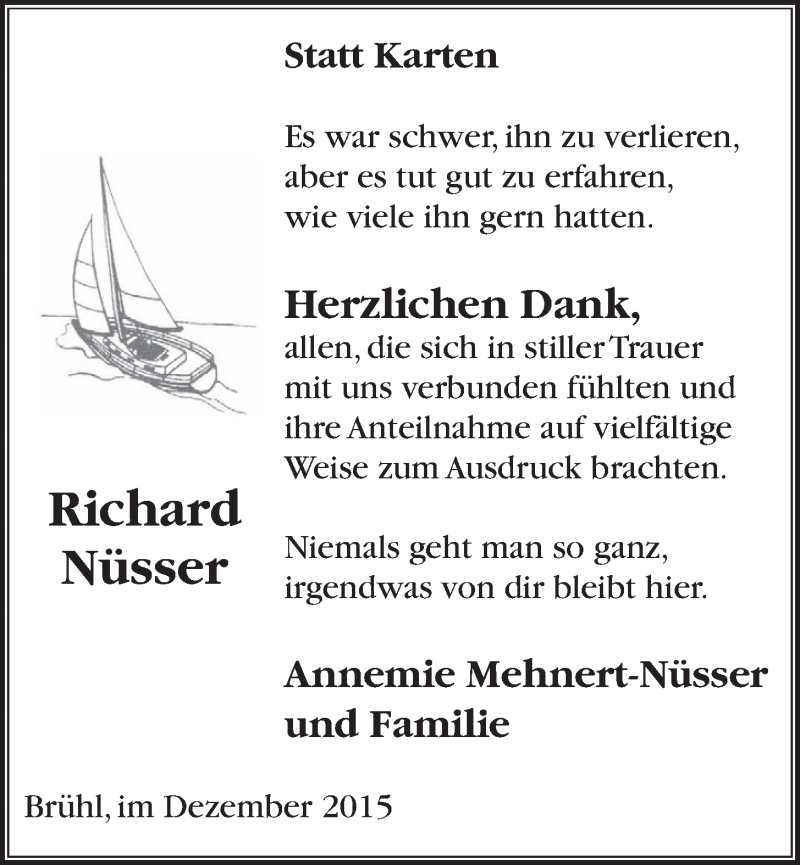  Traueranzeige für Richard Nüsser vom 30.12.2015 aus  Schlossbote/Werbekurier 