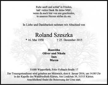 Anzeige von Roland Szeszka von Kölner Stadt-Anzeiger / Kölnische Rundschau / Express