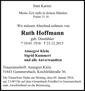 Anzeige von Ruth Hoffmann von Kölner Stadt-Anzeiger / Kölnische Rundschau / Express