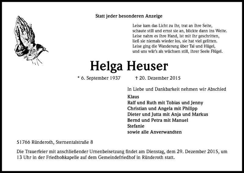  Traueranzeige für Helga Heuser vom 23.12.2015 aus Kölner Stadt-Anzeiger / Kölnische Rundschau / Express