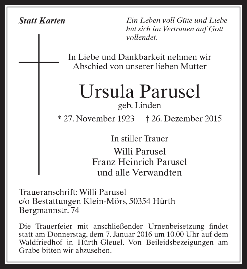  Traueranzeige für Ursula Parusel vom 30.12.2015 aus  Wochenende 