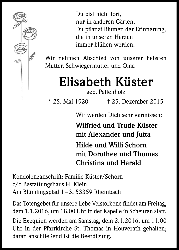  Traueranzeige für Elisabeth Küster vom 30.12.2015 aus Kölner Stadt-Anzeiger / Kölnische Rundschau / Express
