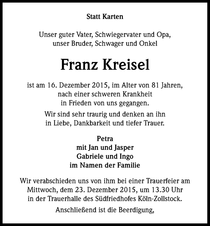  Traueranzeige für Franz Kreisel vom 19.12.2015 aus Kölner Stadt-Anzeiger / Kölnische Rundschau / Express