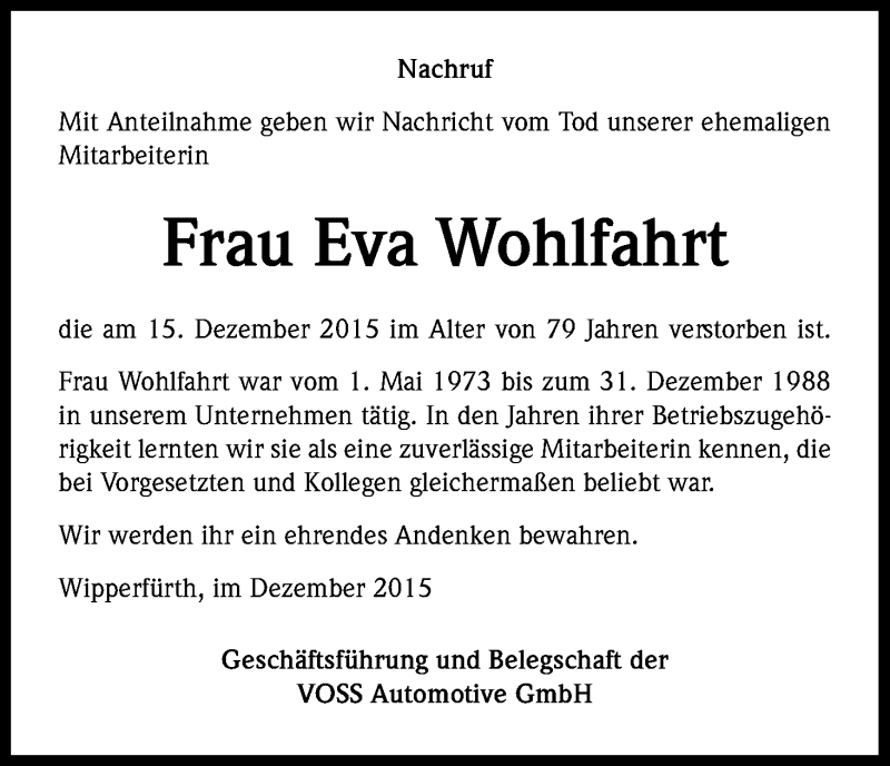  Traueranzeige für Eva Wohlfahrt vom 21.12.2015 aus Kölner Stadt-Anzeiger / Kölnische Rundschau / Express