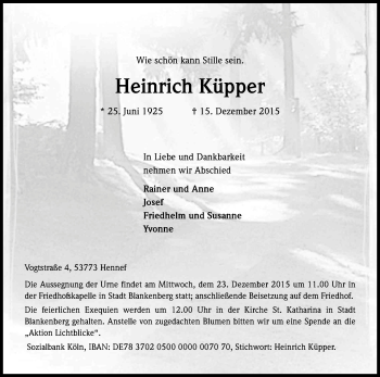 Anzeige von Heinrich Küpper von Kölner Stadt-Anzeiger / Kölnische Rundschau / Express