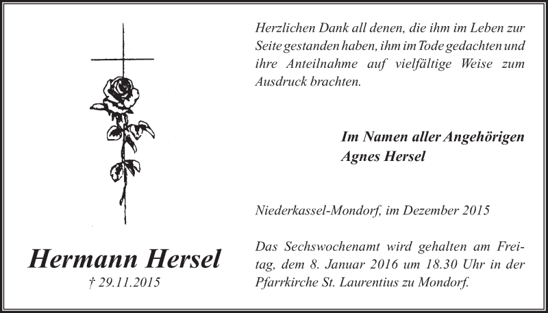  Traueranzeige für Hermann Hersel vom 23.12.2015 aus  Extra Blatt 