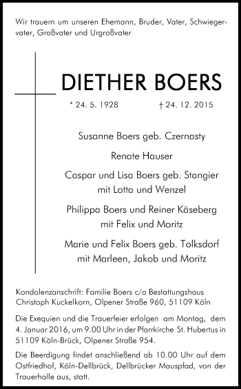 Anzeige von Diether Boers von Kölner Stadt-Anzeiger / Kölnische Rundschau / Express
