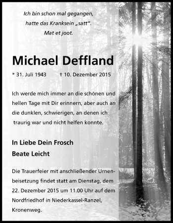 Anzeige von Michael Deffland von Kölner Stadt-Anzeiger / Kölnische Rundschau / Express