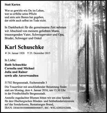 Anzeige von Karl Schuschke von Kölner Stadt-Anzeiger / Kölnische Rundschau / Express