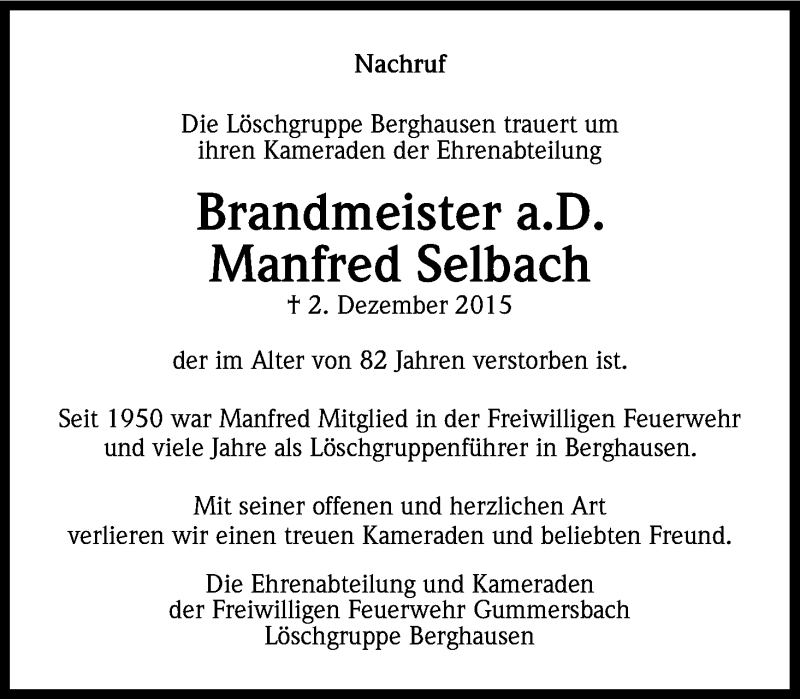  Traueranzeige für Manfred Selbach vom 19.12.2015 aus Kölner Stadt-Anzeiger / Kölnische Rundschau / Express