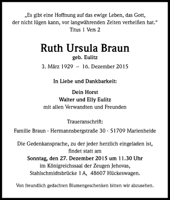 Anzeige von Ruth Ursula Braun von Kölner Stadt-Anzeiger / Kölnische Rundschau / Express