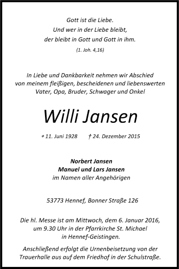 Anzeige von Wilhelm Jansen von Kölner Stadt-Anzeiger / Kölnische Rundschau / Express