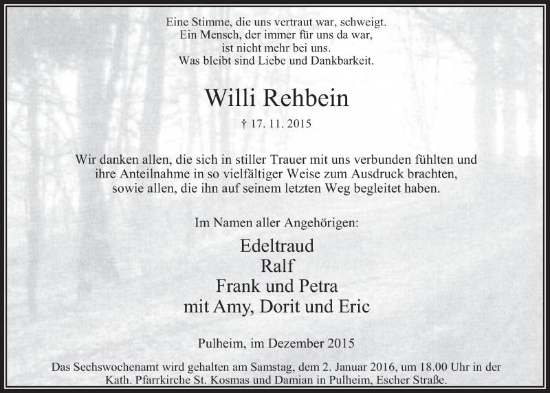  Traueranzeige für Willi Rehbein vom 23.12.2015 aus  Wochenende 