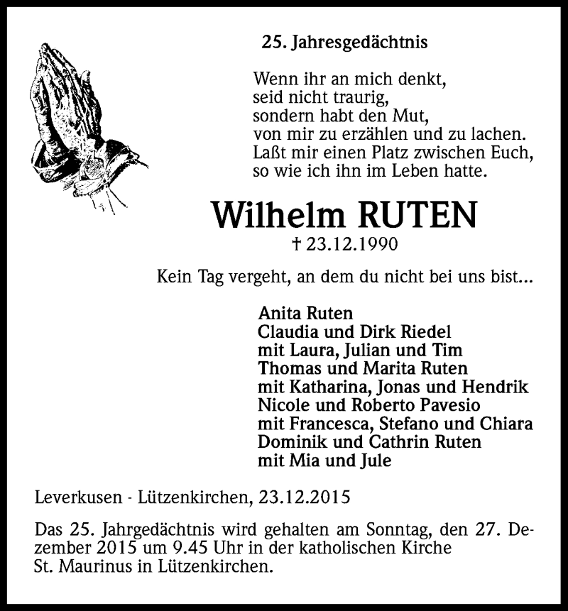  Traueranzeige für Wilhelm Ruten vom 23.12.2015 aus Kölner Stadt-Anzeiger / Kölnische Rundschau / Express