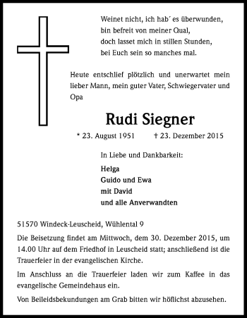 Anzeige von Rudi Siegner von Kölner Stadt-Anzeiger / Kölnische Rundschau / Express