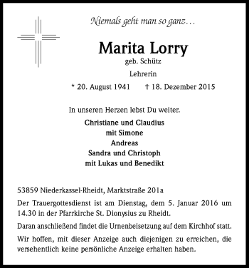 Anzeige von Marita Lorry von Kölner Stadt-Anzeiger / Kölnische Rundschau / Express