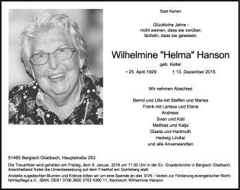 Anzeige von Wilhelmine Hanson von Kölner Stadt-Anzeiger / Kölnische Rundschau / Express