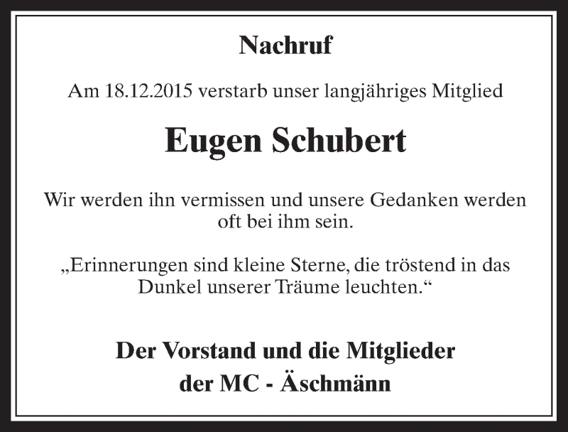  Traueranzeige für Eugen Schubert vom 30.12.2015 aus  Werbepost 