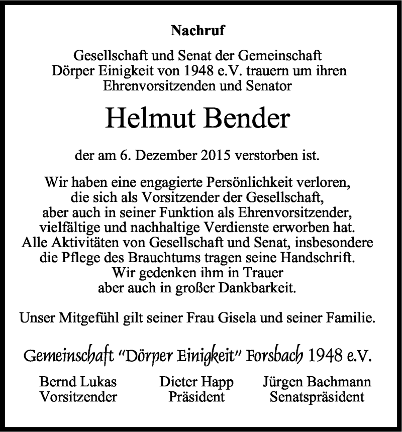  Traueranzeige für Helmut Bender vom 19.12.2015 aus Kölner Stadt-Anzeiger / Kölnische Rundschau / Express