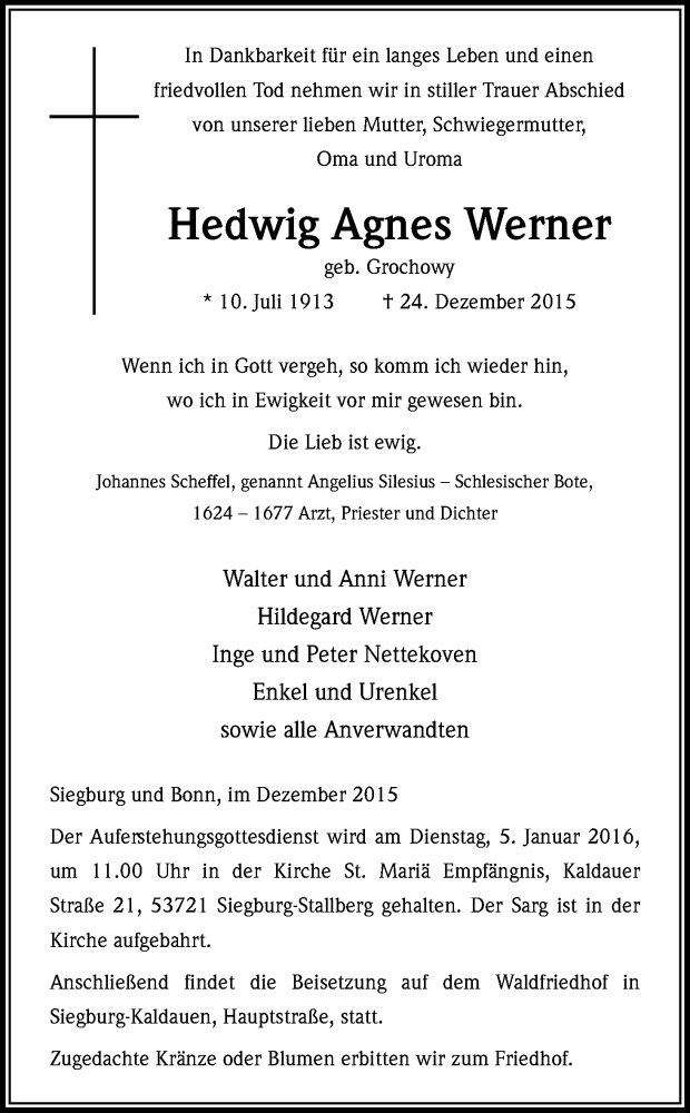 Traueranzeige für Hedwig Agnes Werner vom 31.12.2015 aus Kölner Stadt-Anzeiger / Kölnische Rundschau / Express