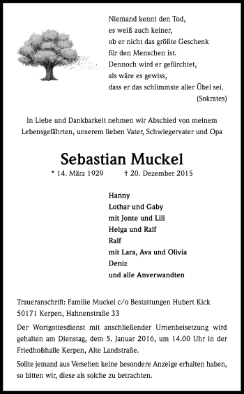 Anzeige von Sebastian Muckel von Kölner Stadt-Anzeiger / Kölnische Rundschau / Express