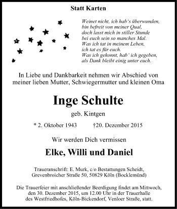 Anzeige von Inge Schulte von Kölner Stadt-Anzeiger / Kölnische Rundschau / Express