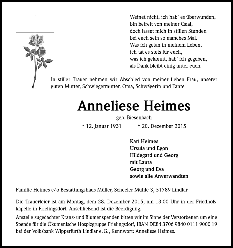  Traueranzeige für Anneliese Heimes vom 23.12.2015 aus Kölner Stadt-Anzeiger / Kölnische Rundschau / Express