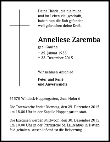 Anzeige von Anneliese Zaremba von Kölner Stadt-Anzeiger / Kölnische Rundschau / Express