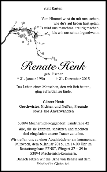Anzeige von Renate Henk von Kölner Stadt-Anzeiger / Kölnische Rundschau / Express