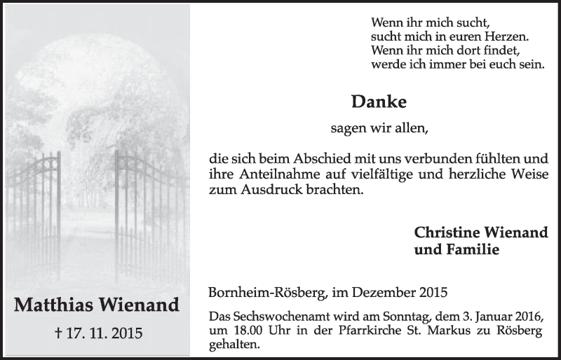  Traueranzeige für Matthias Wienand vom 23.12.2015 aus  Schlossbote/Werbekurier 