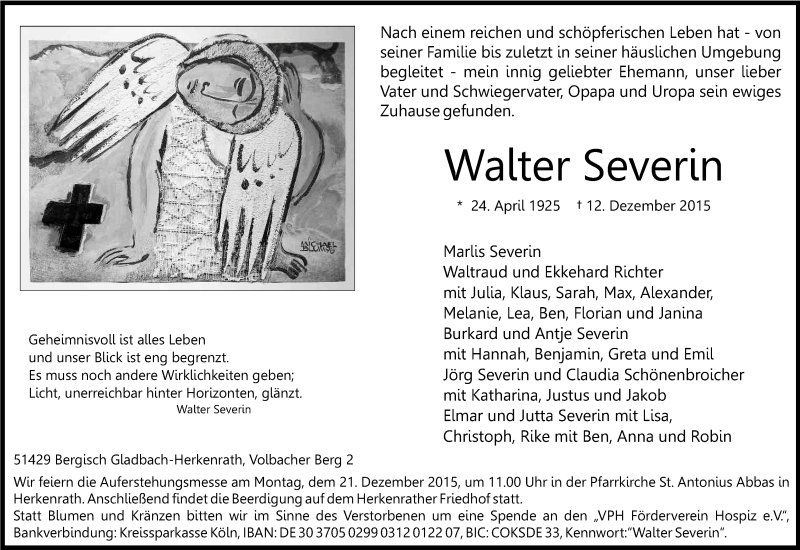  Traueranzeige für Walter Severin vom 19.12.2015 aus Kölner Stadt-Anzeiger / Kölnische Rundschau / Express