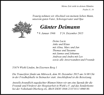 Anzeige von Günter Deimann von Kölner Stadt-Anzeiger / Kölnische Rundschau / Express