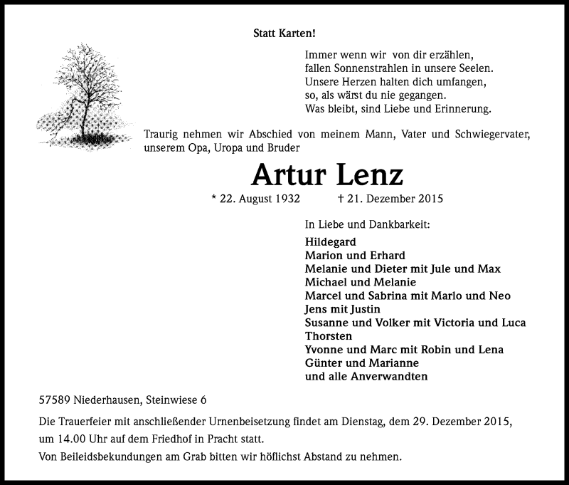  Traueranzeige für Artur Lenz vom 24.12.2015 aus Kölner Stadt-Anzeiger / Kölnische Rundschau / Express