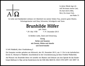 Anzeige von Brunhilde Höfer von Kölner Stadt-Anzeiger / Kölnische Rundschau / Express