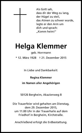 Anzeige von Helga Klemmer von Kölner Stadt-Anzeiger / Kölnische Rundschau / Express