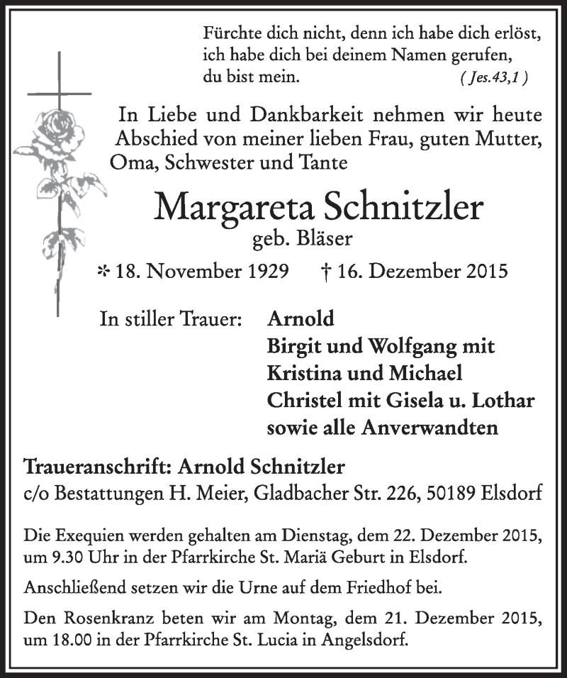  Traueranzeige für Margareta Schnitzler vom 19.12.2015 aus  Sonntags-Post 