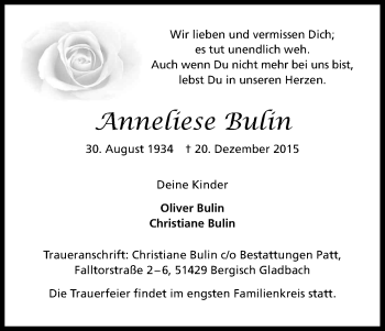 Anzeige von Anneliese Bulin von Kölner Stadt-Anzeiger / Kölnische Rundschau / Express