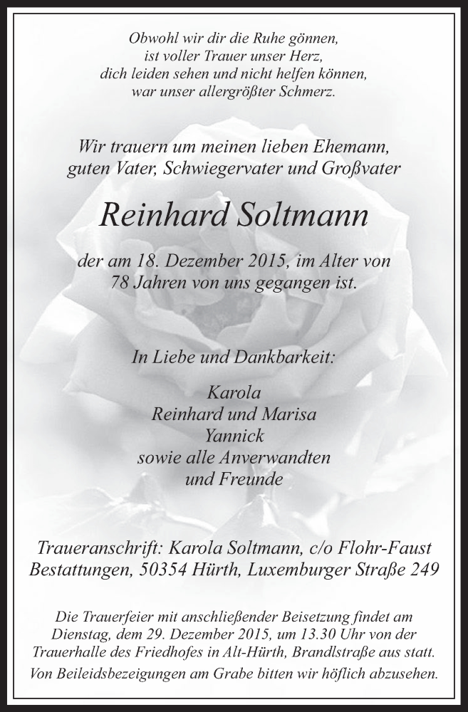  Traueranzeige für Reinhard Soltmann vom 23.12.2015 aus  Wochenende 
