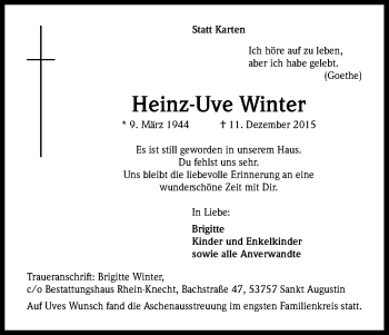 Anzeige von Heinz-Uve Winter von Kölner Stadt-Anzeiger / Kölnische Rundschau / Express