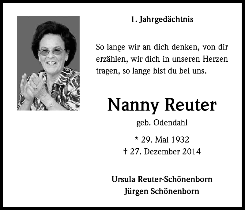  Traueranzeige für Nanny Reuter vom 24.12.2015 aus Kölner Stadt-Anzeiger / Kölnische Rundschau / Express