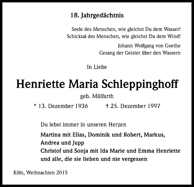  Traueranzeige für Henriette Maria Schleppinghoff vom 24.12.2015 aus Kölner Stadt-Anzeiger / Kölnische Rundschau / Express