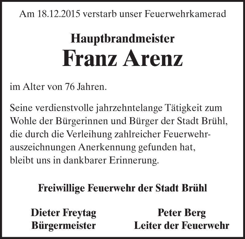  Traueranzeige für Franz Arenz vom 30.12.2015 aus  Schlossbote/Werbekurier 