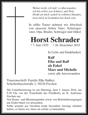 Anzeige von Horst Schrader von  Wochenende 