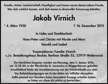 Anzeige von Jakob Virnich von Kölner Stadt-Anzeiger / Kölnische Rundschau / Express